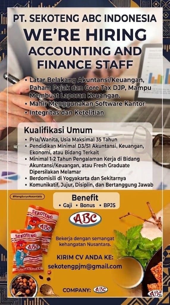 Poster lowongan PT. Sekoteng ABC Indonesia