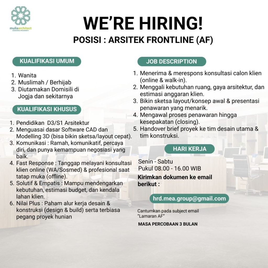 Poster lowongan Mulia Architect