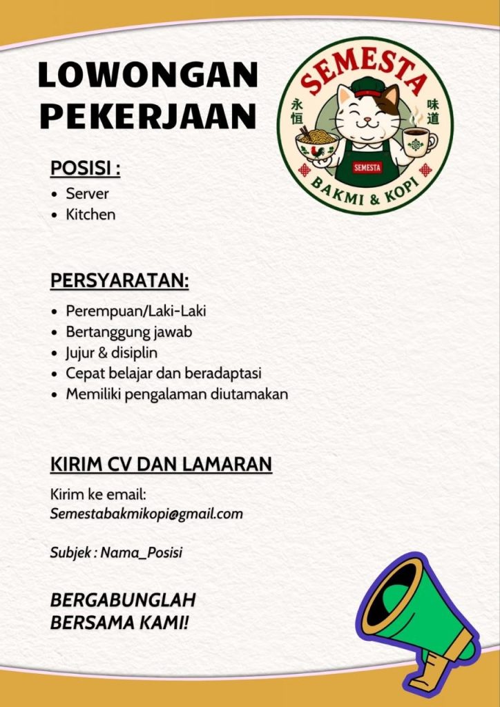 Poster lowongan Semesta Bakmi & Kopi