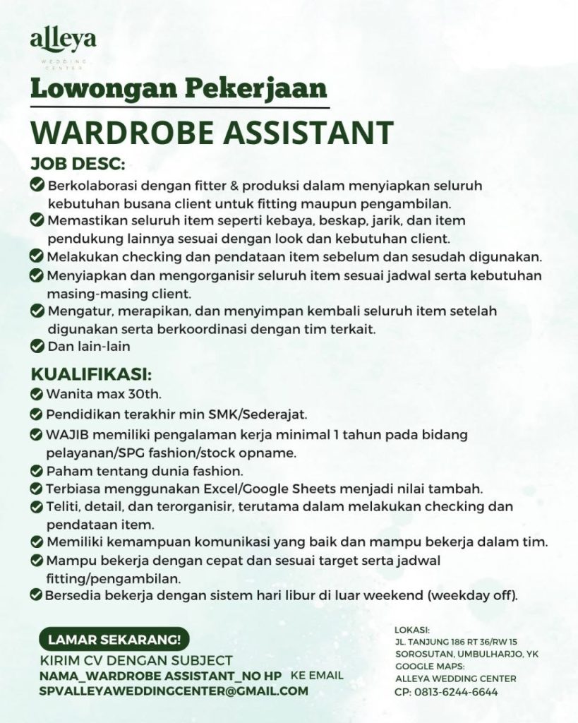 Poster lowongan Alleya Wedding Center
