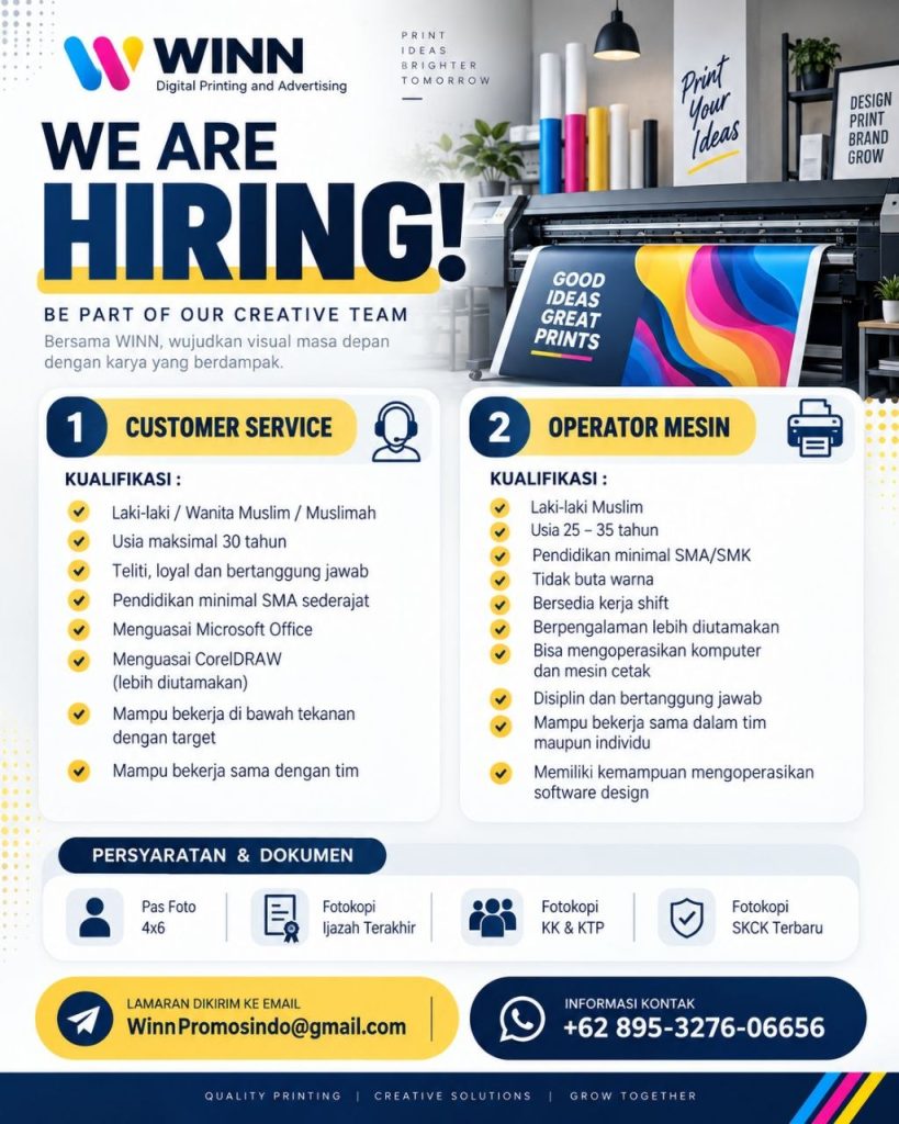 Poster lowongan WINN Digital Printing and Advertising