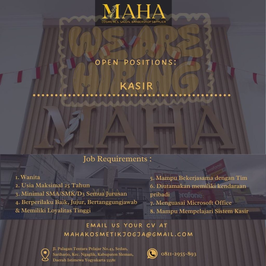 Poster lowongan MAHA Cosmetics, Salon, Barbershop Supplier