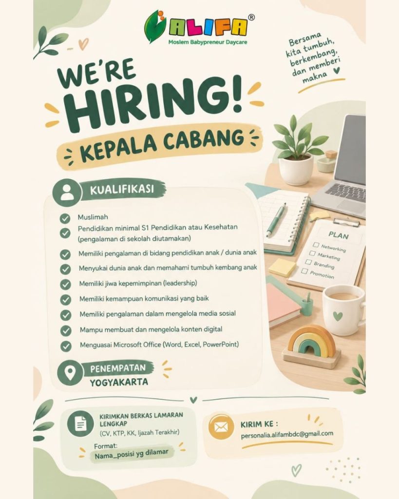 Poster lowongan Alifa Moslem Babypreneur Daycare