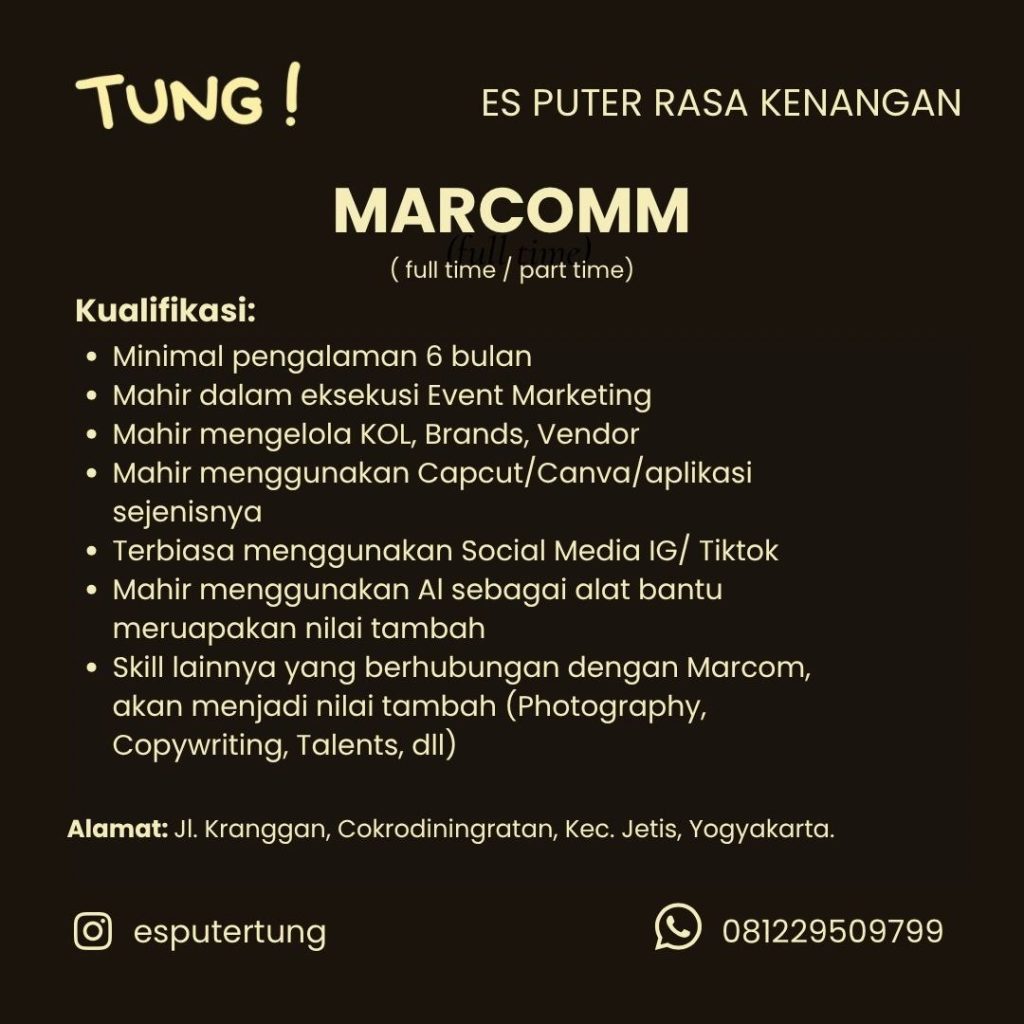 Poster lowongan ES PUTER RASA KENANGAN