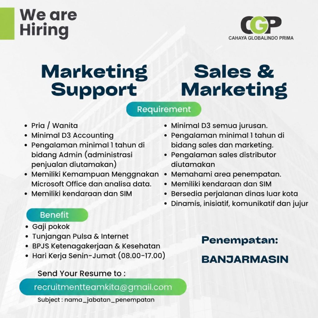 Poster lowongan CAHAYA GLOBALINDO PRIMA