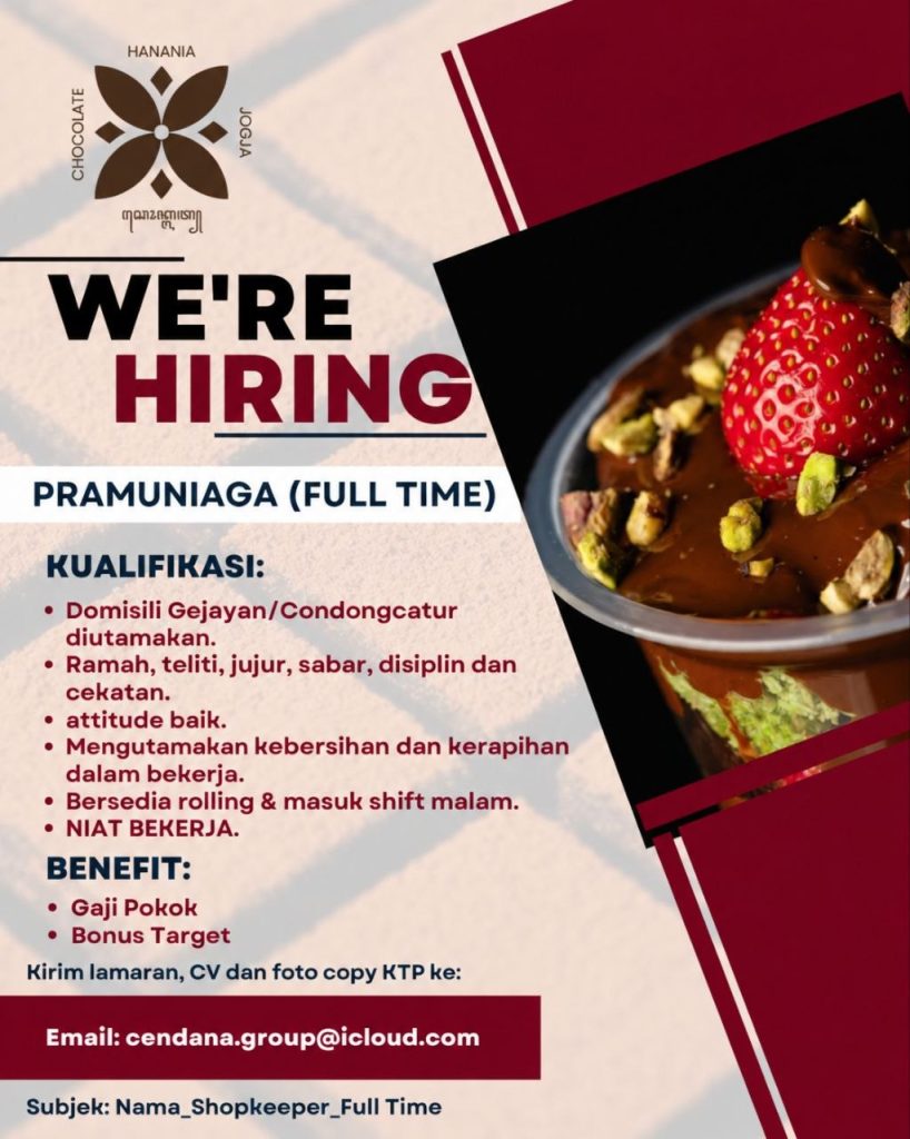 Poster lowongan Hanania Chocolate Jogja