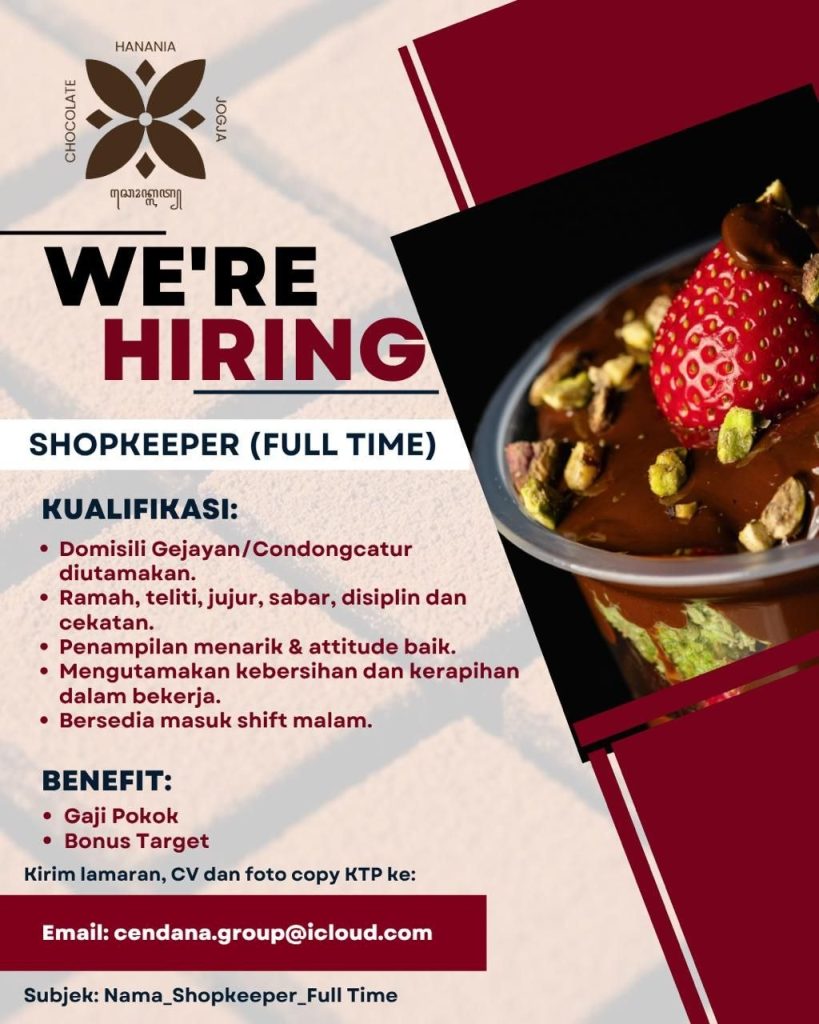 Poster lowongan Hanania Chocolate Jogja