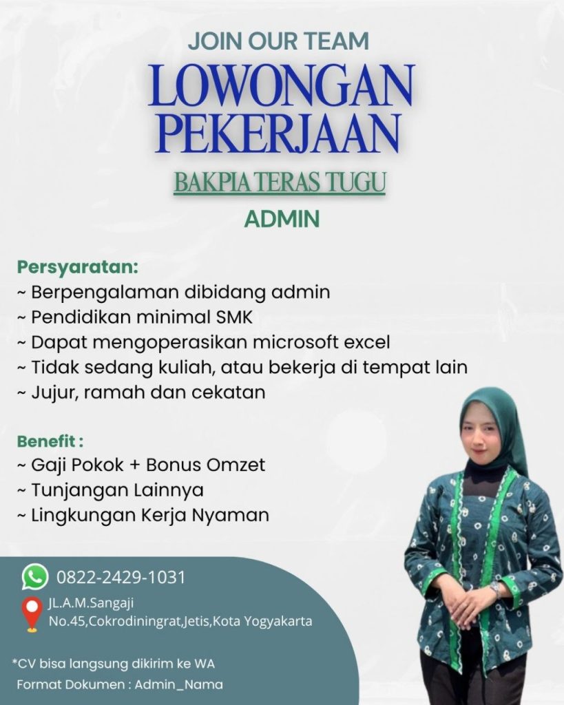Poster lowongan BAKPIA TERAS TUGU