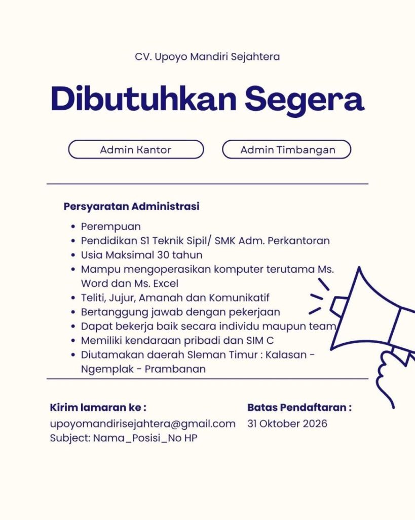 Poster lowongan CV. Upoyo Mandiri Sejahtera