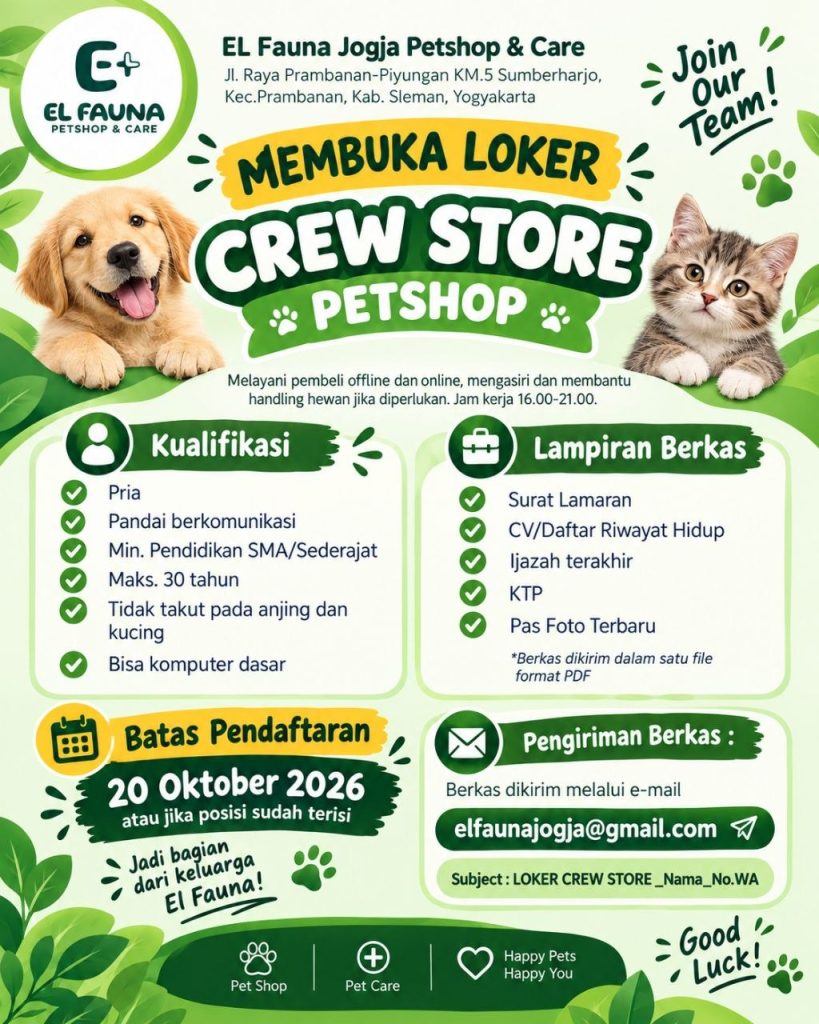 Poster lowongan EL Fauna Jogja Petshop & Care
