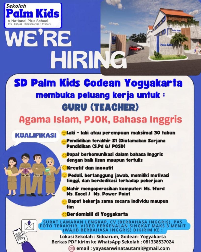 Poster lowongan SD Palm Kids Godean Yogyakarta