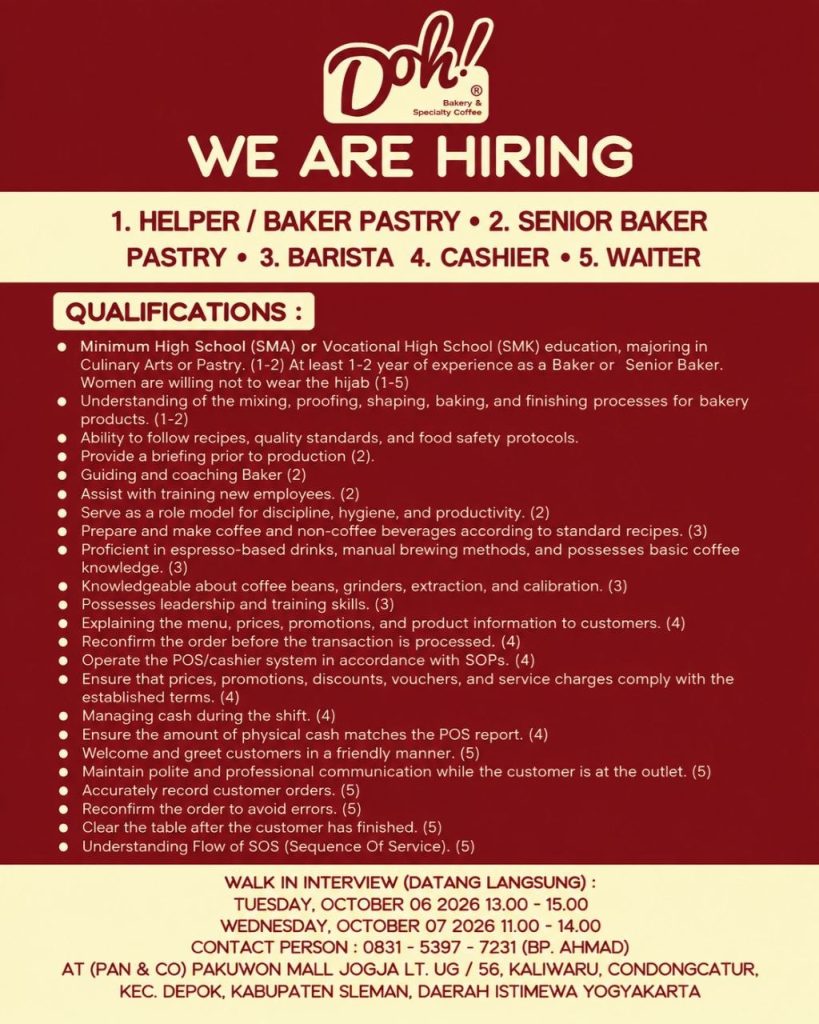 Poster lowongan Doh! Bakery & Specialty Coffee