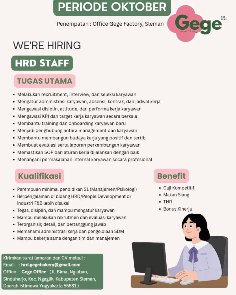 Poster lowongan Gege Bakery & more