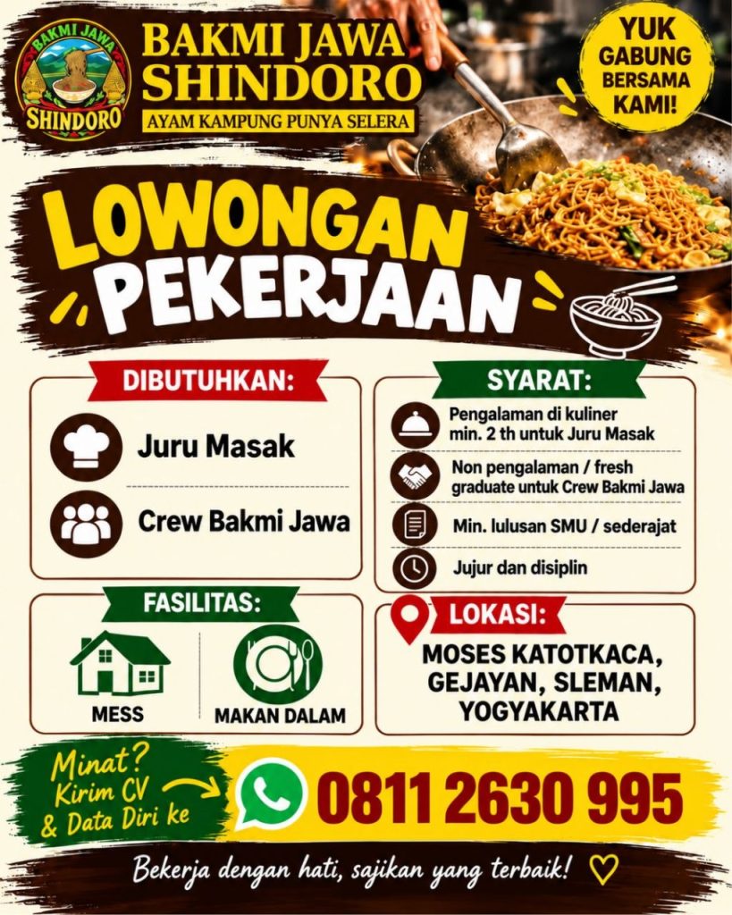 Poster lowongan Bakmi Jawa Shindoro
