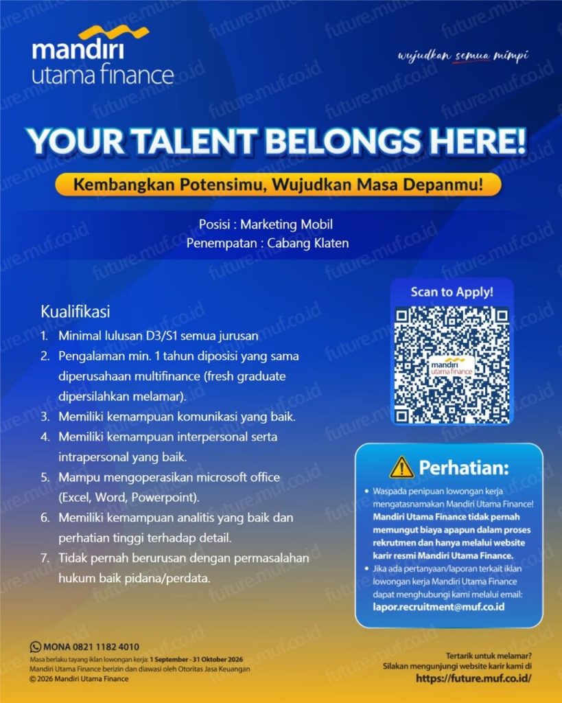 Poster lowongan Mandiri Utama Finance