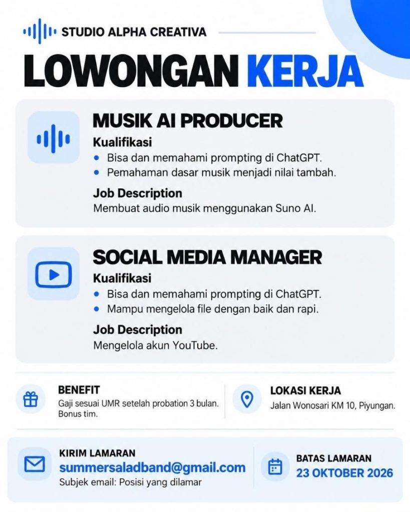 Poster lowongan STUDIO ALPHA CREATIVA